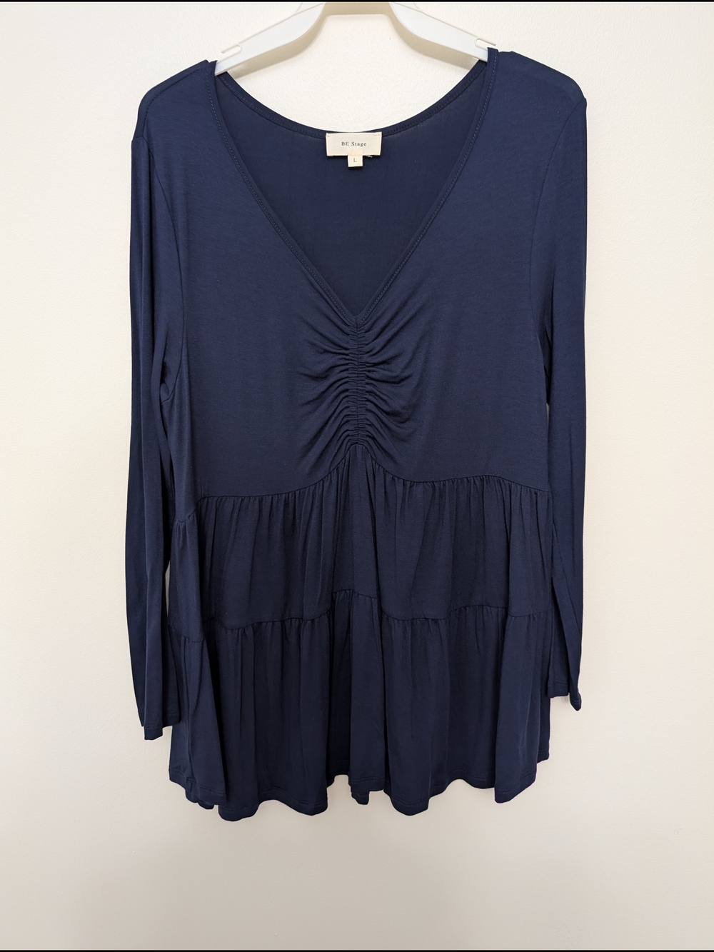 BE Stage Navy Blue Women's Babydoll Tunic, empire waist, multi-tiered Top Sz L